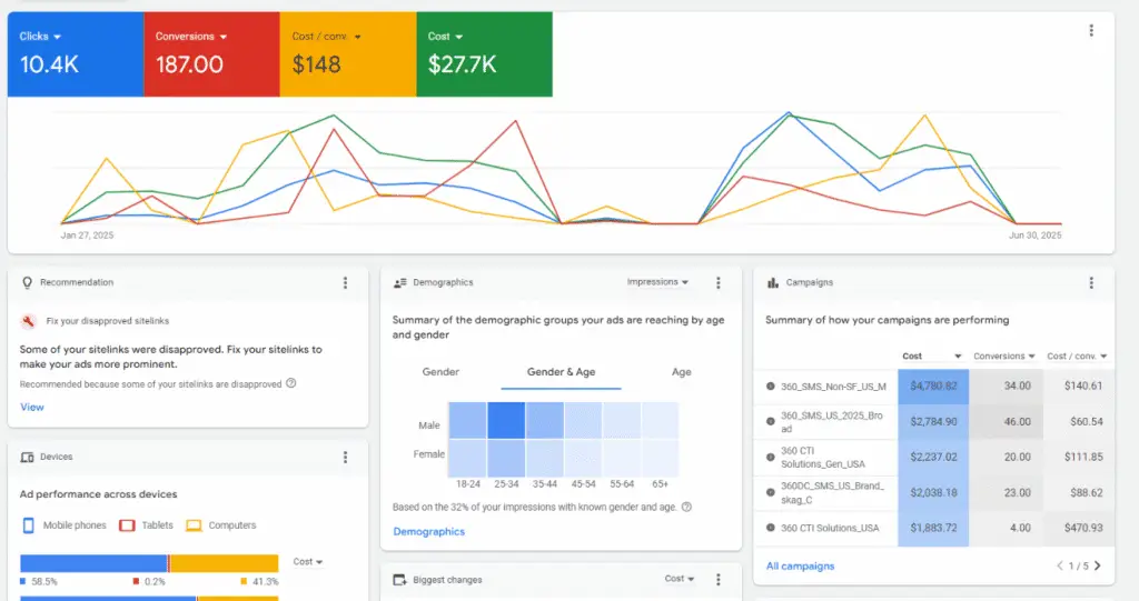 High-performing digital ad campaign analytics dashboard with conversion, cost, and demographics data.