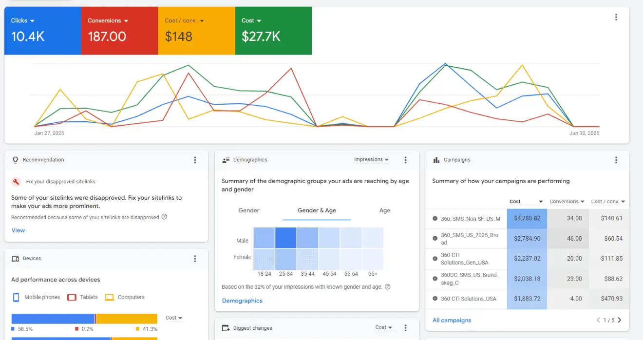 High-performing digital ad campaign analytics dashboard with conversion, cost, and demographics data.